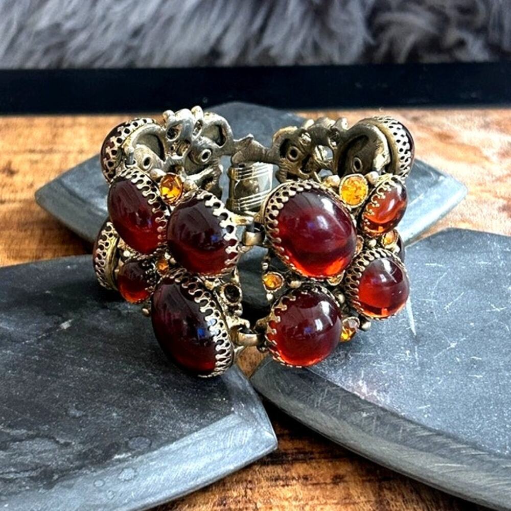 Vintage 1950s Hollywood Regency Amber Cabochon Rhinestone Panel Bracelet
